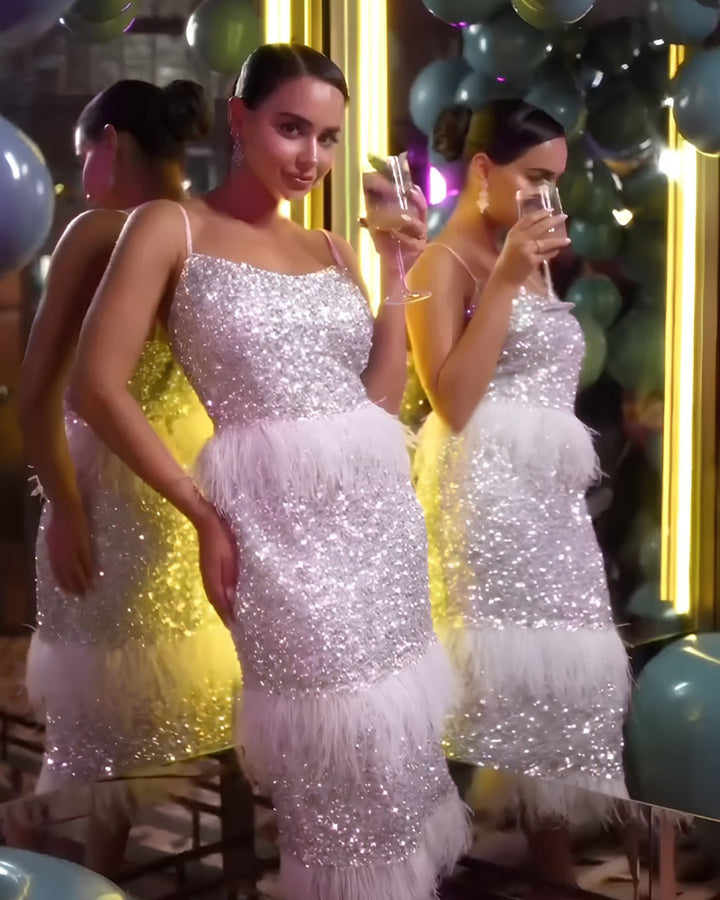 Arushi Mehra in Naomi White Fringe Gown